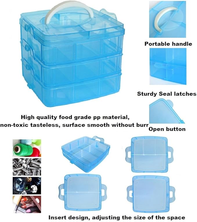 Kamay's 3-Tier Transparent Stackable Adjustable Compartment Slot Plastic Craft Storage Box Organizer Snap-lock Tray Container 3 Sizes 4 Candy Colors Available (Medium 18 Compartment, White)