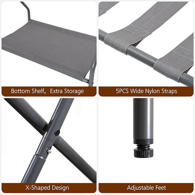 AMHANCIBLE Luggage Rack, Set of 2, Foldable Suitcase Stands for Guest Room, Metal Luggage Holder with Storage Shelf for Bedroom, Hotel, Easy Assemble, HLR02GY