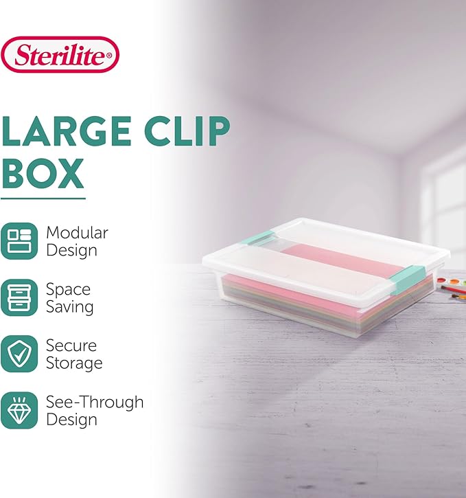 Sterilite Large Clip Box, Stackable Small Storage Bin with Latching Lid, Plastic Container to Organize Paper, Office, Clear Base and Lid, 18-Pack