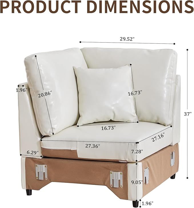 LEVNARY Modular Corner Chair, Faux Leather Upholstered Single Corner Seat for Sectional Sofas (White)