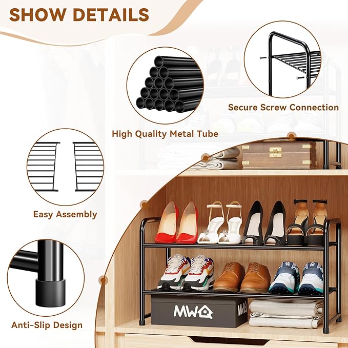 2 Tier Shoe Rack, Closet Metal 27 Inch Shoe Shelf Organizer for Entryway, Garage, Stackable, Black