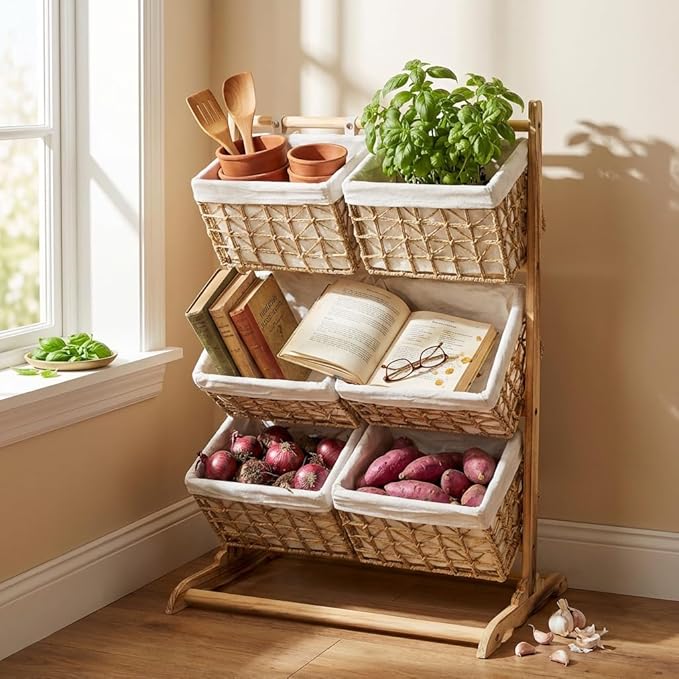 Large Capacity 3-Tier Storage wicker Shelf,Stackable multi-story storage baskets Laundry Hamper & Organizer for Kids' Toys Clothes and Snacks,Multipurpose Rattan Corner Rack for Kitchen Office Garage