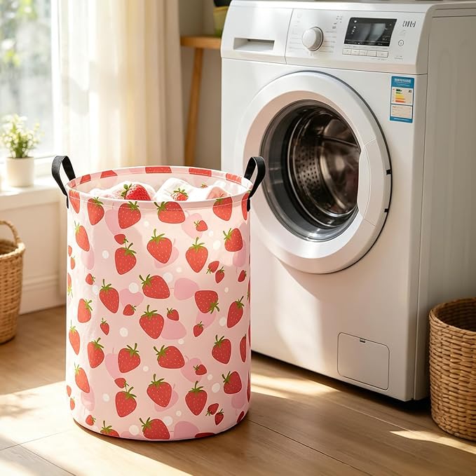 HUNRUNG Collapsible Fabric Storage Basket, Waterproof Laundry Hamper with Handles, Round Storage Bin for Clothes Toys, Foldable Organizer for Bedroom Nursery Bathroom(Round-Pink Strawberry)