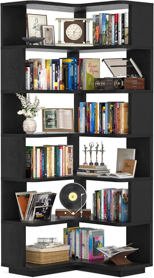 Armocity Corner Book Shelf - 7 Tier Corner Bookshelf Etagere Bookcase with Baffle, Freestanding L Shaped Display Shelf Stand for Home Office, Living Room, Bedroom, Kitchen, Black