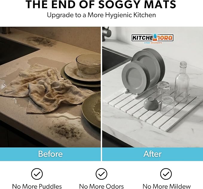 Stone Drying Mat for Kitchen Counter (White, Large) - Super Absorbent, 30sec Fast-Drying Diatomite Dish Mat, Collapsible for Kitchen.