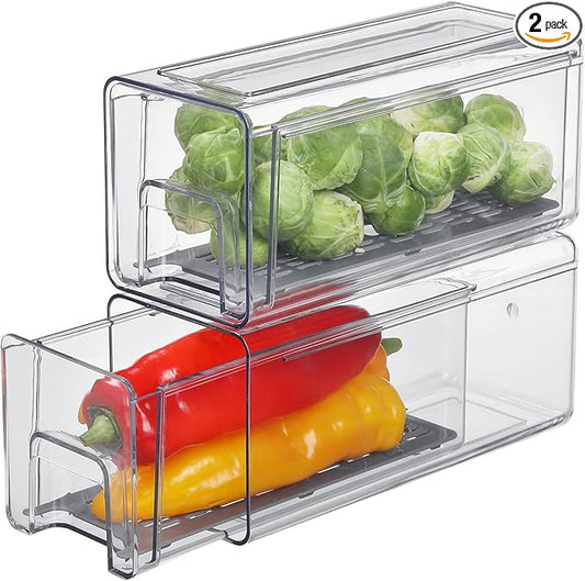 Pull Out Clear Fridge Organizer Drawers with Drainer, Refrigerator Stackable Storage Bins for Kitchen Fruit & Veggie Organization (2PCS, Small)