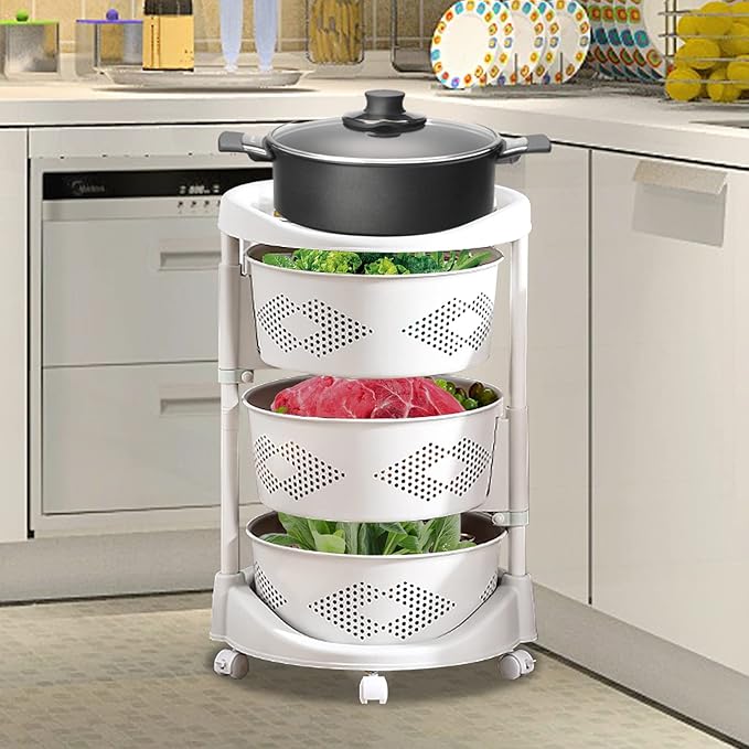 Kitchen Storage Cart 3 Tier Multi-Layer Storage Basket with Wheels Fruit Vegetable Storage Shelves Racks Rolling Storage Cart for Kitchen Living Room Bedroom, White (3 Tier)