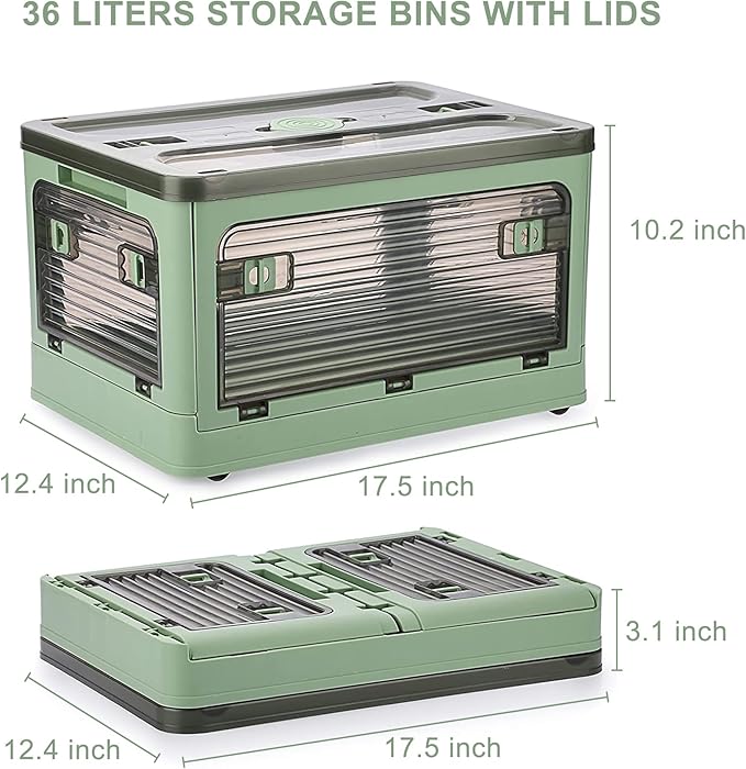 2 Pack Plastic 4 Doors Collapsible Storage Bins with Lid & Wheels, 36 Liters Folding Storage Bins, Stackable Multifunctional Box for Camping Clothes Snack Storage