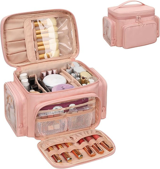 Bagmoly Large Makeup Bag, Portable Travel Makeup Bag Organizer for Women Girls with Makeup Brush Compartment & Two Side Pockets, Cosmetic Travel Bag Vertical Storage Toiletry - Pink