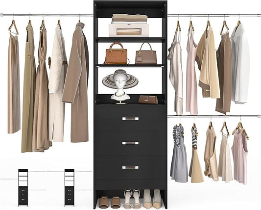 Besiost 96'' Closet Organizer System with 3 Hanging Rods, 8FT Closet Organizers and Storage with 3 Wooden Drawers, Built in Closet Organizer Systems, Adjustable Walk-in Wardrobe from 5-8FT, Black