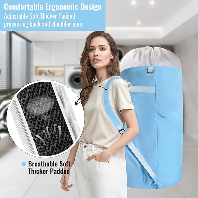 Laundry Backpack Bag 125L Extra Large, Heavy Duty for College Dorm & Apartment, Durable Thick Material Laundry Hamper with Padded Straps for Easy Carry, 3 Pockets for Travel & Laundromat (Light Blue)