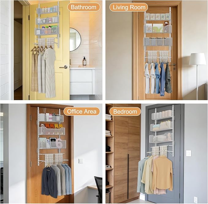 VyGrow Over the Door Storage Organizer with 3 Tier Mesh Baskets 2 Hanging Rods, 2 Mounting Options, Heavy Duty Clothes Hanger & Towel Rack for Bathroom Bedroom Office, White
