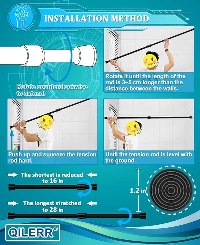 Small Tension Rods 16 to 28 Inches, Adjustable Short Extension Curtain Rod, Heavy Duty Spring Loaded Mini tension rods for Windows, Curtain, Closet, Clothes, Diameter 1inch, Black