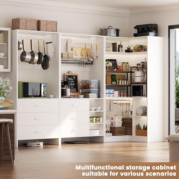 Aheaplus Closet System with 3 Sets, 86.8" Closet Organizer System with 6 Drawers & 4 Hanging Rods, L Shaped Walk-in Closets, Wardrobe Set, Corner Tower, Garment Rack Load 2000+LBS, -X1,White