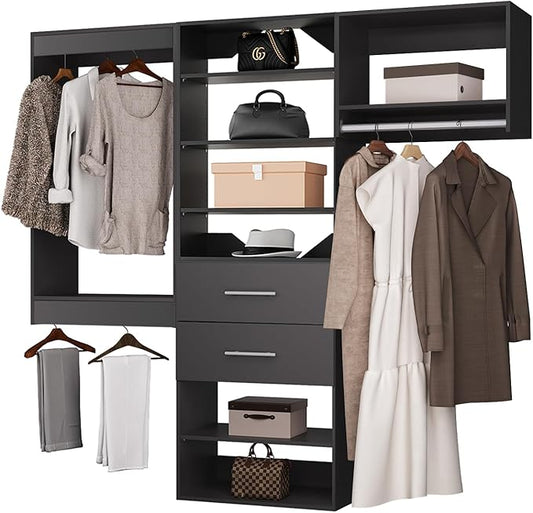 ROOMTEC Modular Closet System, 66" Wall Mounted Modern Closet Organizer with Hanging Rods and Drawers, Wooden Tower for Walk-In Closets, Wardrobe Storage Kit, Black