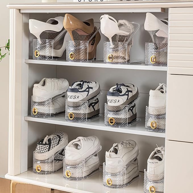 Shoe Slot Organizer 20 Pack，Adjustable Slot Organizer for Pairs of Shoes, Space Saver, Double Deck Riser Rack, Double-Layer Design for Shoe Slots Organizer for Closet.(Clear, 20 Pack)