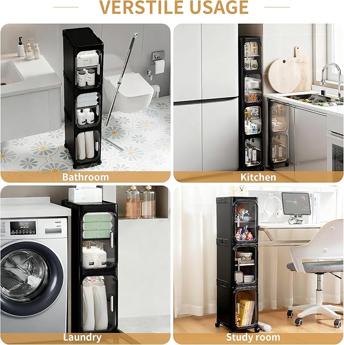 3-Tier Slim Narrow Storage Cabinet with Adjustable Shelves and Movable Wheels, Anti-Tip, Bathroom Storage and Organizers for Small Space, Bathroom, Kitchen, Laundry, Black