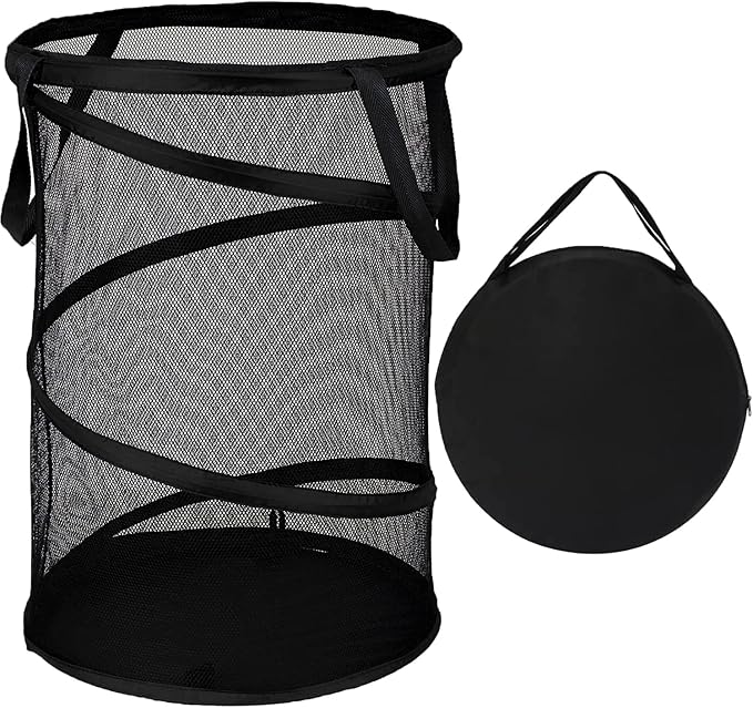 BATTOO Black Large Collapsible Laundry Basket Foldable Mesh Pop Up Hamper with Handles for Laundry Room, Bathroom, Kids Room, College Dorm, Travel, Camping, Gift Basket