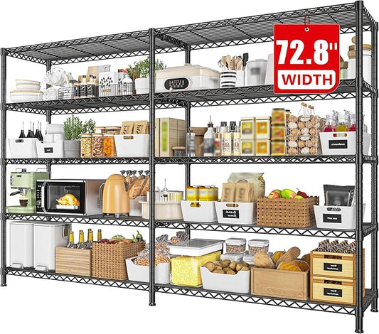 REIBII 72.8" W Storage Shelves Load 1600LBS, 5 Tier Metal Shelving Unit Garage Shelving for Adjustable Storage Rack Heavy Duty Metal Shelves for Basement Pantry Kitchen, 17.7" D x 72.8" W x 70.9" H