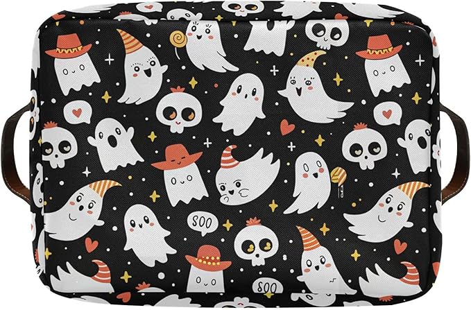 xigua Halloween Ghost Storage Basket Collapsible Storage Bins Waterproof Canvas Storage Basket with Leather Handles for Home Closets Offices,Bedrooms,Gift Baskets,1PCS