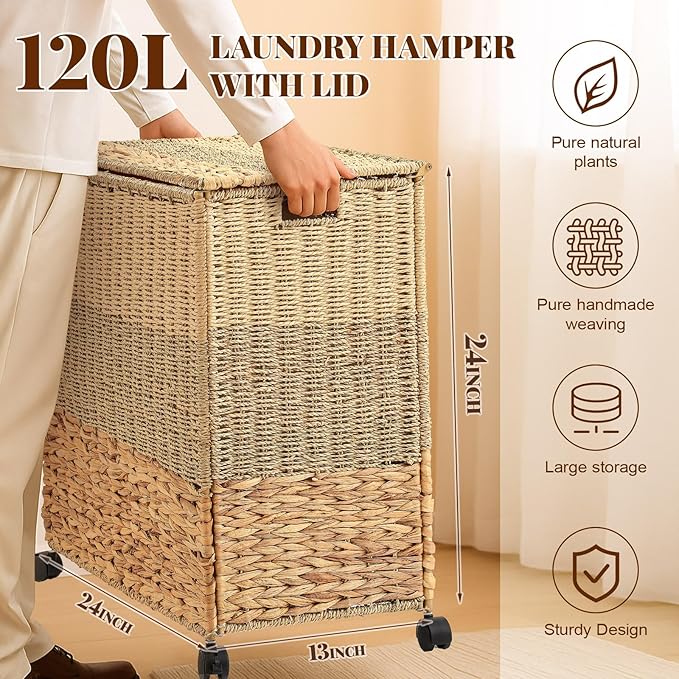 Cinnvoice 120 L Rolling Wicker Laundry Basket with Wheels Laundry Hamper with Lid Decorative Woven Hamper with Washable Removable Liner Bags and Handles for Clothes Natural Water Hyacinth, 2 Sections