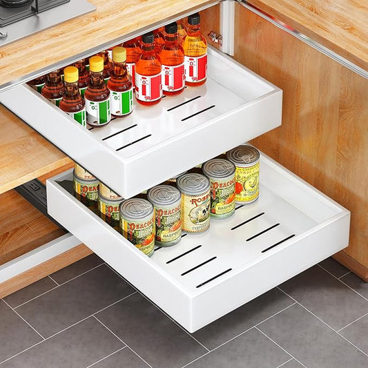 Pull out Cabinet Organizer, 21"Deep, Heavy Duty Full-Extension Slide out Drawers for Kitchen Cabinets with Nano Adhesive, Roll Out Shelf Sliding Cabinet for Pots, Bathroom, Pantry, Under Sink, White