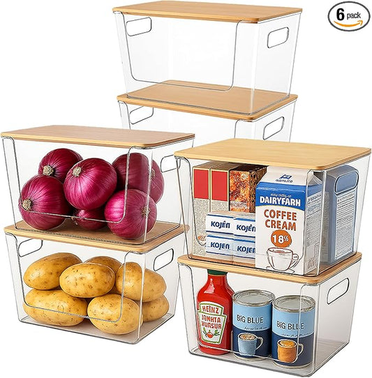 CiWiVOKi 6 Pack Clear Stackable Storage Bins with Bamboo Lids, Trash Bag Holder Dispenser Under Sink Organizer for 4-13 Gal Bags, Plastic Storage Containers for Pantry Bathroom Kitchen Organization