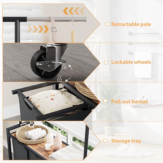 3-Section Laundry Sorter with Shelf, Rolling Laundry Basket with Hanging Rack and Wheels, Heavy Duty Laundry Hamper Rack for Laundry Room, Bedroom, Bathroom, Black
