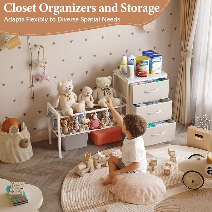 Cidaziya Expandable Closet Organizers and Storage, White Fabric Storage Dresser, 3 Drawer Dresser, Clothes Shelves for Kids, Purse Organizer Small Shoe Rack for Closet Bedroom