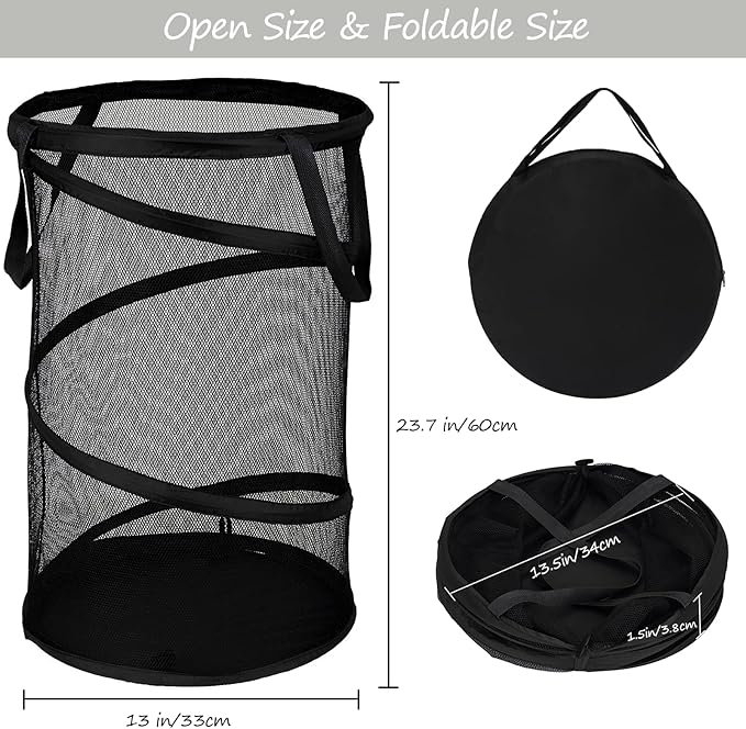 BATTOO 2 Pack Large Collapsible Laundry Basket Foldable Mesh Pop Up Hamper with Handles for Laundry Room, Bathroom, Kids Room, College Dorm, Travel, Storage Organizer Black