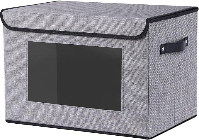 Storage Basket with Lid, Decorative Linen Storage Box, 17.7 X 11.8 X 11.8 Inch Closet Organizer for Shelves with Handles, Gray, 1-Pack