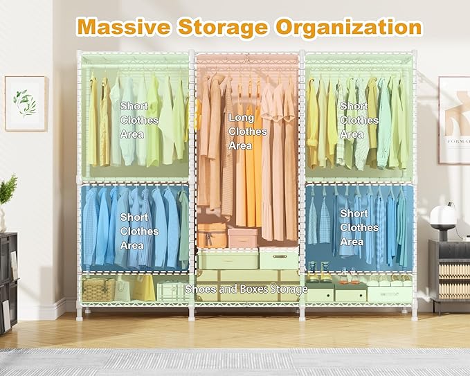 ULIFHOME E14C Pro Heavy Duty Closet Organizer System，Freestanding Clothing Racks for Hanging Clothes，Adjustable Garment Rack 70.1"W × 16.6"D × 76.4"H Hold 960 lbs，White Rack with White Dustproof Cover