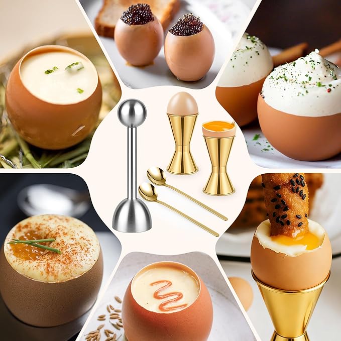Egg Cups For Soft Boiled Eggs Set Of 5 - Includes 1 Stainless Steel Egg Cutter & 2 Egg Spoons & 2 Soft Boiled Egg Holder, Effortless & Precise Cracking - For Breakfast, Afternoon Tea, Parties