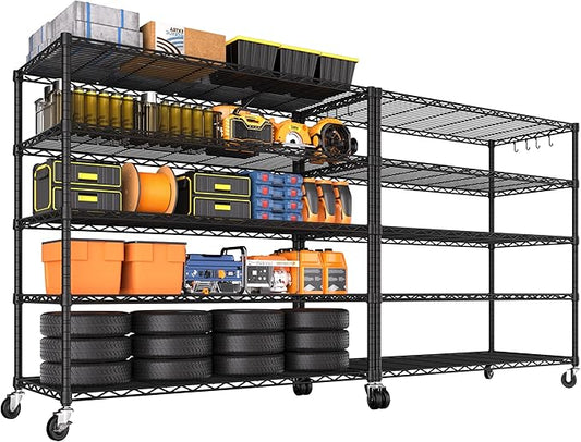 PrimeZone 2 Packs 48" W x 24" D x 81" H Heavy Duty Wire Storage Shelves with Wheels, 5 Tier Adjustable NSF Certified Garage Shelving Unit, Rolling Metal Organizer Shelf Rack for Warehouse, Restaurant