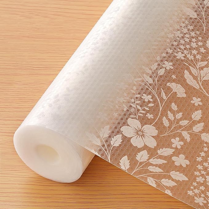 INNOLITES Shelf Liner for Kitchen Cabinets, Non-Adhesive Drawer Liner, Waterproof Washable EVA Floral Pattern, Protect Dresser Cupboard Refrigerator Shelves (Ivory Herb, 17.5" x 197")