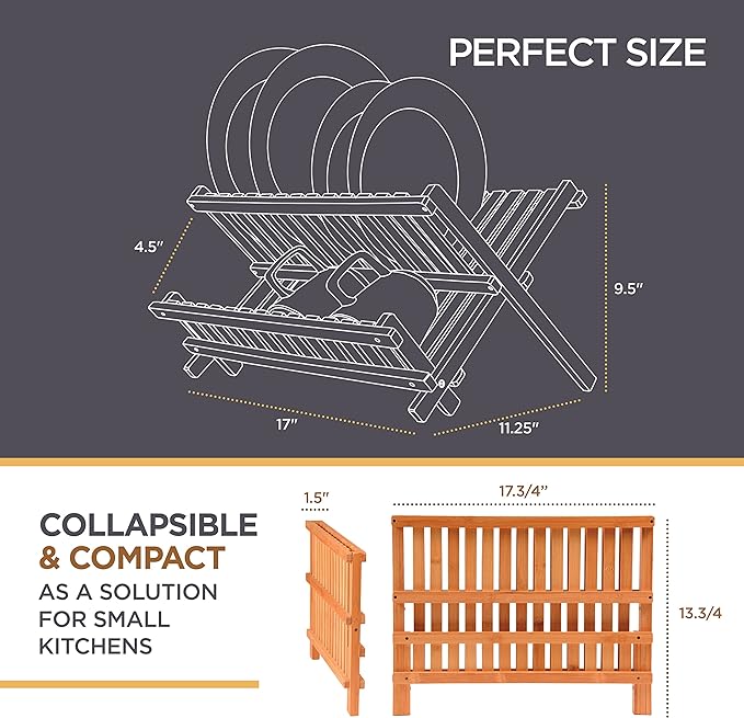 Dish Drying Rack - Collapsible Bamboo 2 Tier Foldable Wooden Dish Drainer for Countertop, Plates Cups Bowls Utensils, Eco Friendly Folding Bamboo Dish Rack for Kitchen Home Apartment RV - by Bambusi