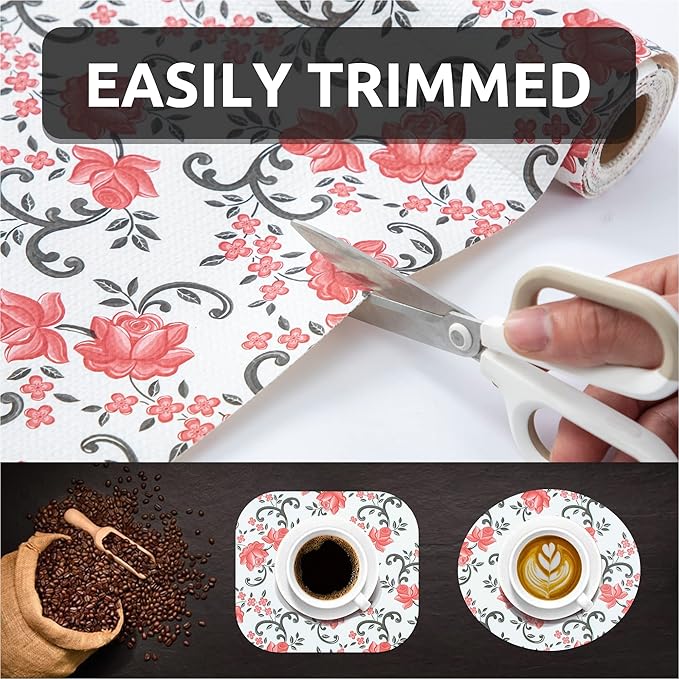 FIFTY FEET 12X120 Inch Shelf Liner for Kitchen Cabinets, PVC Drawer Liner for Dresser Non-Slip Bathroom, Non-Adhesive Cabinet Liner Washable (Red Floral)(3 Roll)