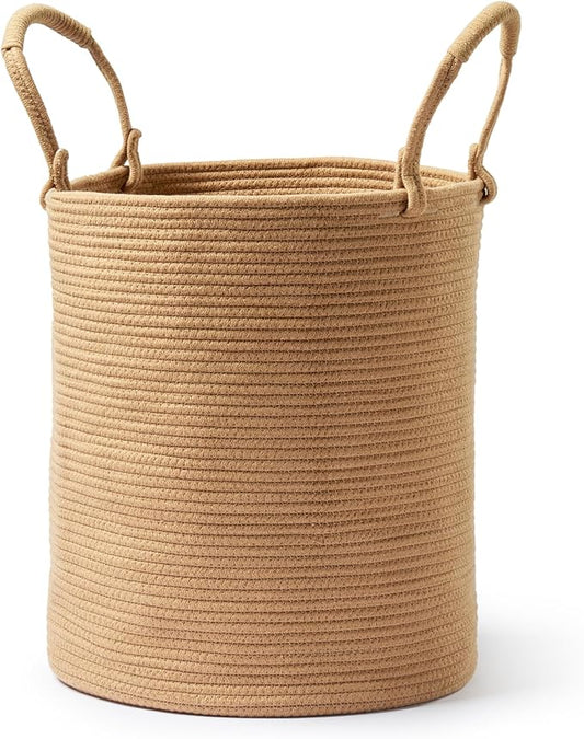 Laundry Basket – Laundry Hamper for Clothes, Blankets, Yoga Mat – Woven Cotton Rope Basket for Living Room, Nursery Room – Boho Style – 16”D x 22”H – Khaki
