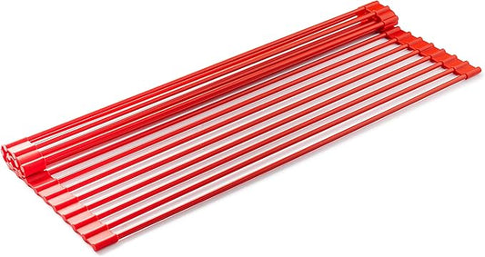 Bellemain Over Sink Dish Drying Rack, Dish Drying Mat | Collapsible Dish Drying Rack for Kitchen Counter, Heat Resistant Stainless Steel & Silicone Drying Rack, Dish Drainer (Red, Medium)