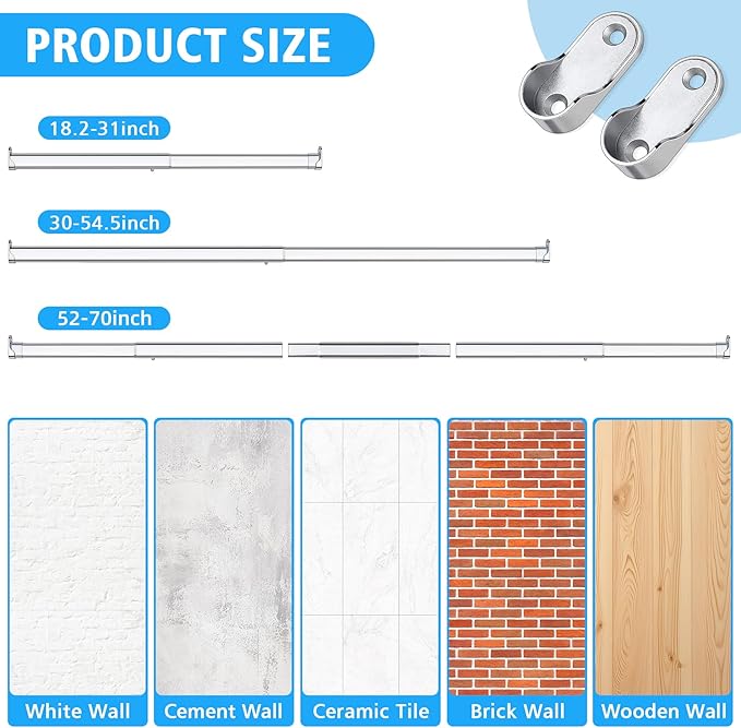 Premium Chrome Oval Closet Rod for Hanging Clothes 52 to 70 Inch, Includes End Supports, Adjustable Wardrobe Tube, Heavy Duty Extendable Closet Pole, Carbon Steel