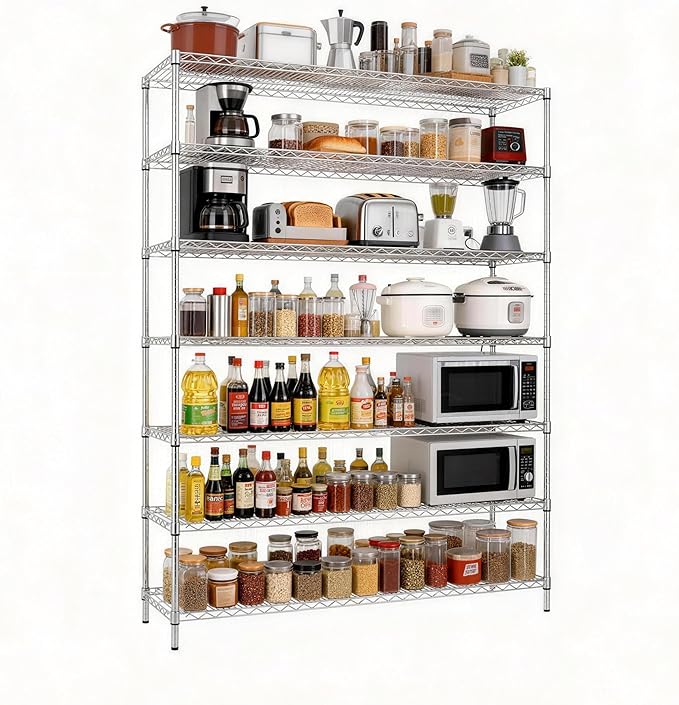 Finnhomy 4200LBS 7-Tier Wire Shelving Unit Adjustable Steel Wire Rack, 18x60x80.2 Inches 7 Shelves Metal Rack, Pantry Shelves for Storage, Metal Garage Shelving with 1" Poles, NSF Certified, Chrome