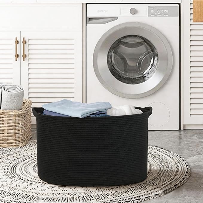 MEGASKET Extra Large Basket for Blankets, 23.6" x 17" x 12" Black Blanket Storage for Living Room, Big Cotton Rope Pillow Holder, Rectangle Kid Dog Toy Bin Box, Woven Laundry Basket, Shoe Bin Entryway
