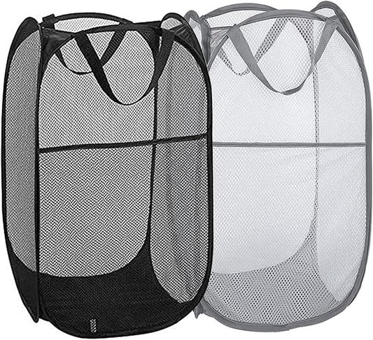 Pop Up Laundry Hampers, Collapsible Mesh Laundry Baskets for Home, Dorm, Travel, Portable Clothes Hampers, Pack of 2 (Black + Grey)