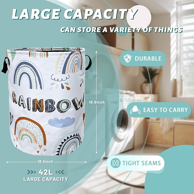 Cute Boho Rainbow Laundry Basket Foldable With Handles Colorful Tote Bag Oxford Cloth Laundry Hamper Clothes Storage Bucket Toy Organizer 18.9"x16.5" For Bathroom/Laundry/Bedroom