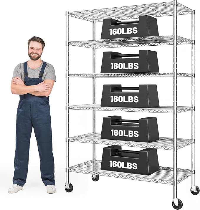 Romorgniz 82" H X45 W X18 D Storage Shelves with Wheels, 6 Tier Wire Shelving Adjustable Metal Shelving Pantry Shelves Capacity 1200LBS for Garage Shelving, Pantry, Kitchen, Commercial, Chrome，2P