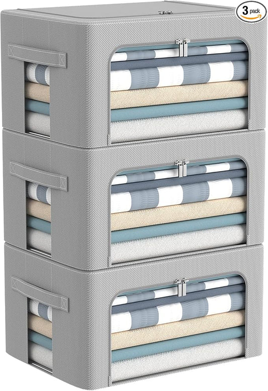 CYhom 3Pack Frame Storage Box - Clothes Storage Bin Bags Oxford Fabric Foldable Stackable Container Organizer Set with Clear Window & Carry Handles Large Capacity (Grey, Small-22L)