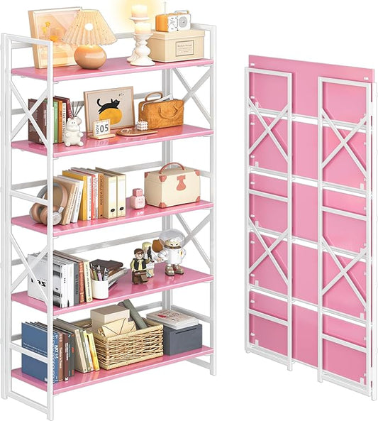 4NM Extra Wide 5 Tiers No Assembly Book Shelves, 51.2" H Folding Bookshelf Bookcase Open Industrial Foldable Shelves for Bedroom, Living Room, Home Office - Pink White
