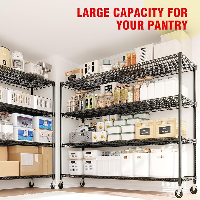 Metal Shelving with Wheels, 2640LBS 4-Tier Heavy Duty Garage Storage Shelves, Adjustable Wire Rack Shelving Unit w/Casters, Rolling Shelf for Home, Workshop, Basement, 74" H×24" D×60" W