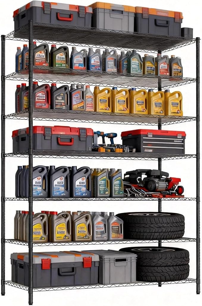 Finnhomy 4200LBS 7-Tier Wire Shelving Unit Adjustable Steel Wire Rack, 18x60x80.2 Inches 7 Shelves Metal Rack, Pantry Shelves for Storage, Metal Garage Shelving with 1" Poles, NSF Certified, Black
