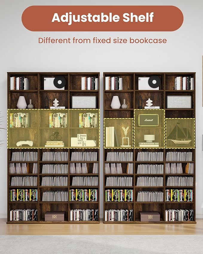 DVD Storage Tower with Adjustable Shelves, 9-Tier DVD Rack Tower for CDs, DVDs, Blu-Rays, Video Games, Rustic Brown Multimedia Storage Cabinet, Media Shelf Organizer for Living Room